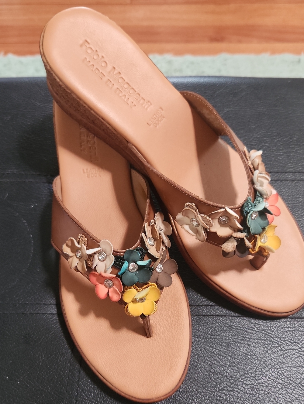 Floral Leather Thong Sandals — Brown with Multicolor Appliqués